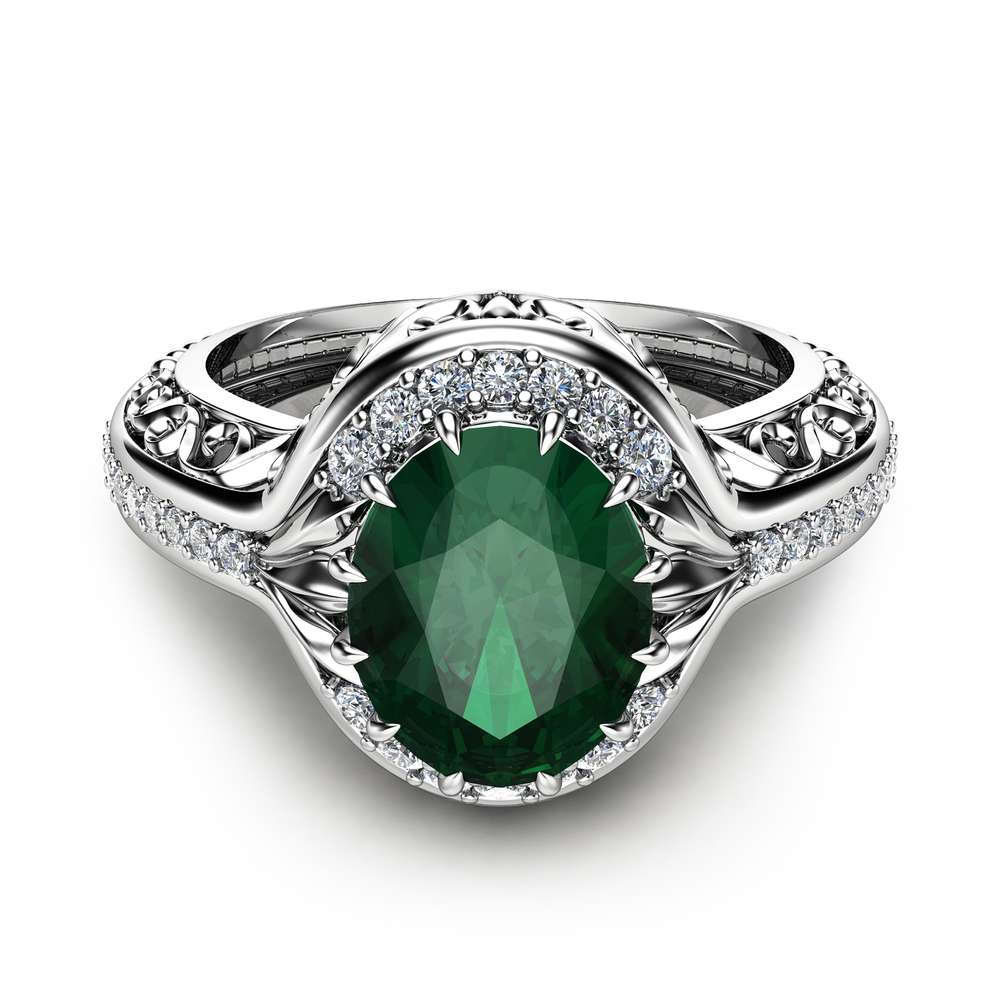 0.31 Carat 14k Gold Oval Green Emerald and Diamond Solitaire & Halo Fashion Swirl Cocktail Ring ctw 6 x 4 MM 