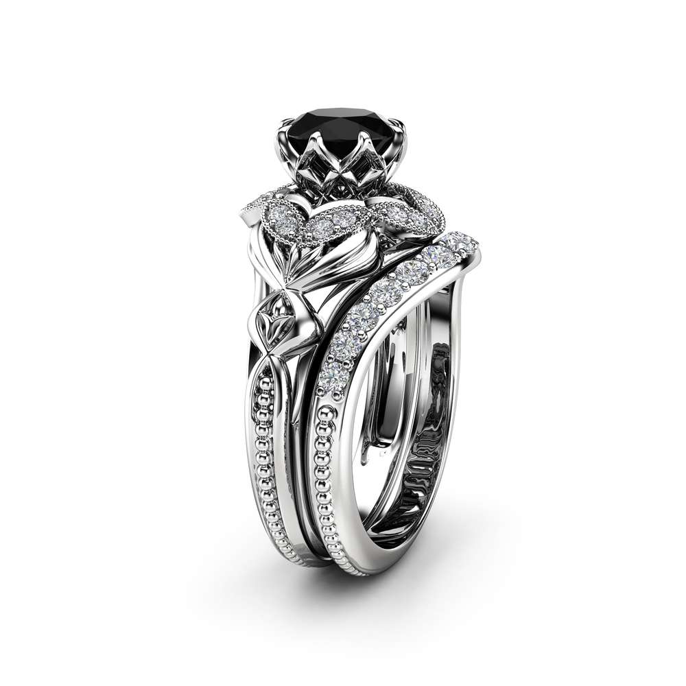 Black Diamond Engagement Matching Rings Art Deco White Gold Ring Set ...