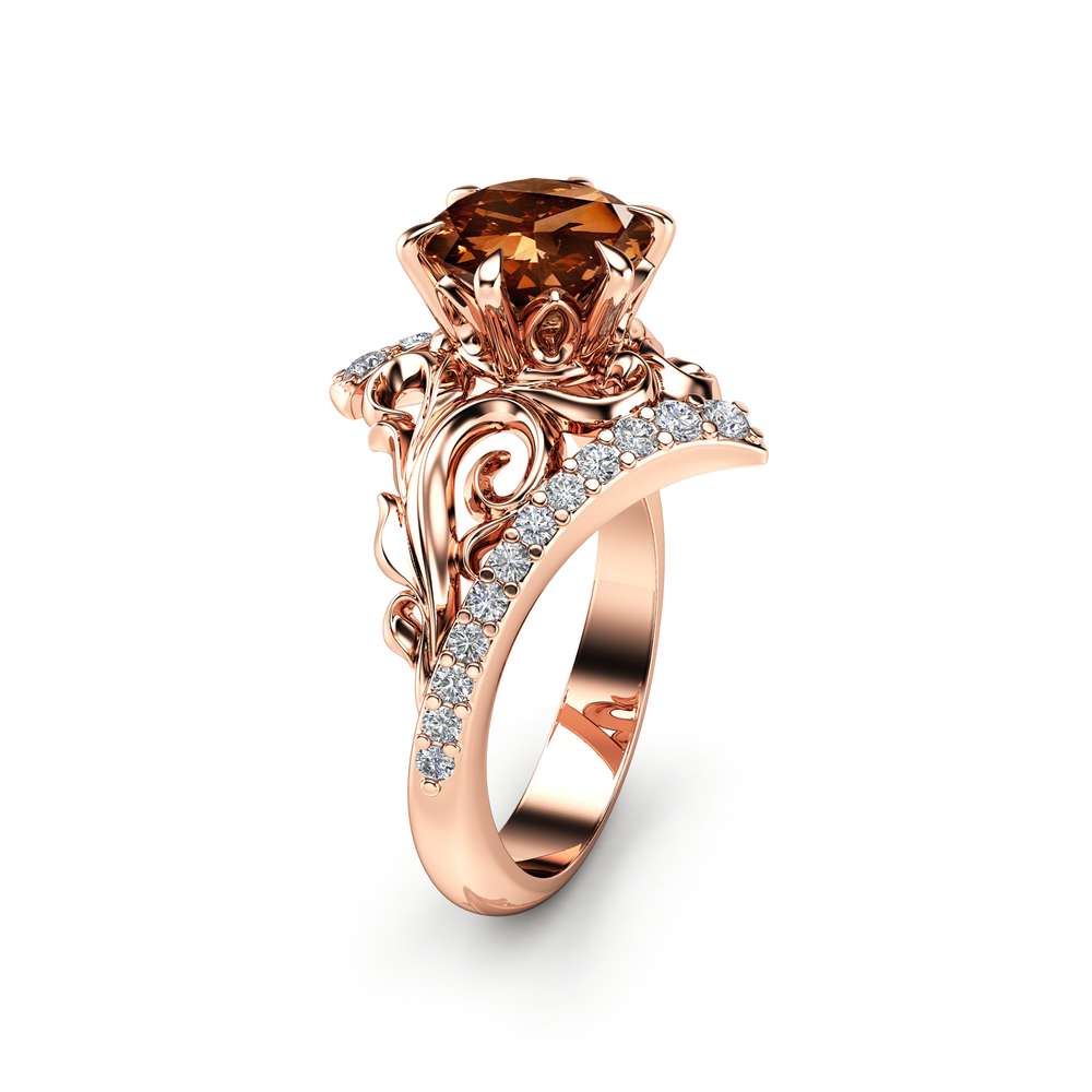 Fancy Brown Natural Diamond Ring 14K Rose Gold Leaf Ring Natural ...