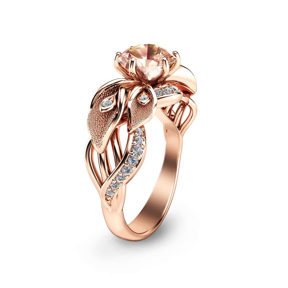 Nature Inspired Morganite Engagement Ring Leaf Style Morganite Wedding Ring 14k Gold Peach Morganite Art Deco Bridal Ring Anniversary Gift