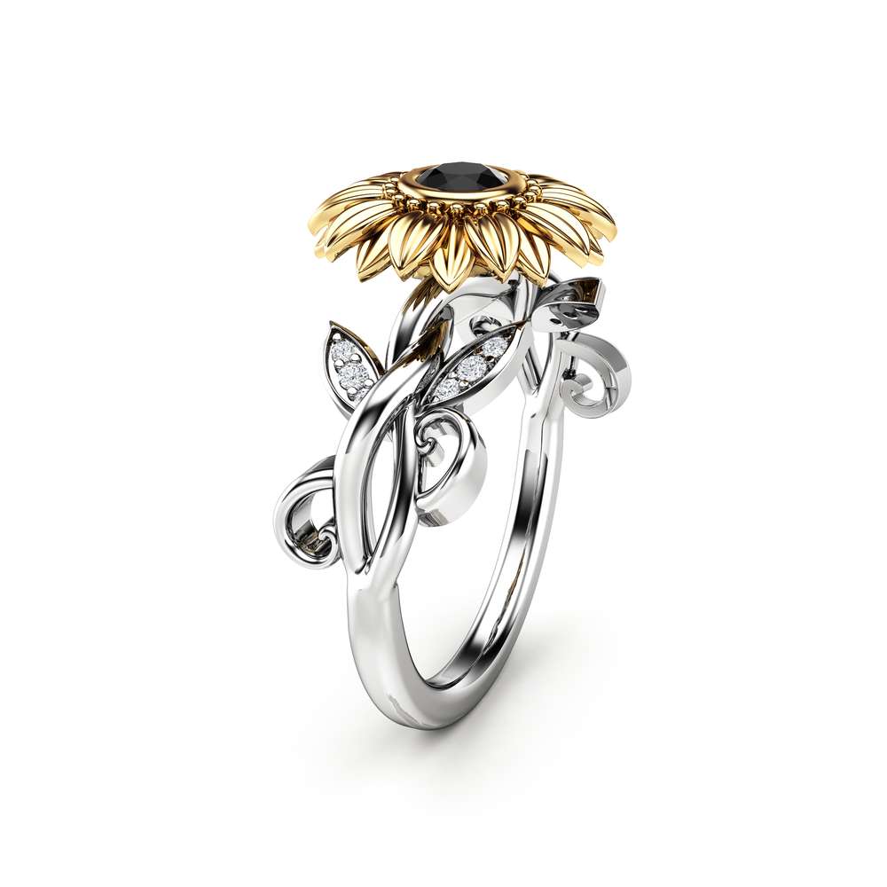 14k Gold Black Diamond Engagement Ring / Unique Sunflower Wedding Ring ...
