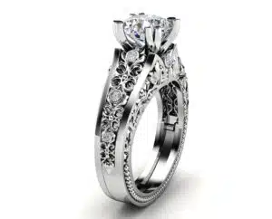Art Deco Round Cut Moissanite Unique Engagement Ring Filigree Design