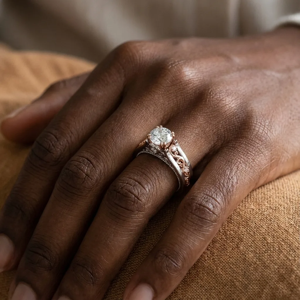 Two Tone Vintage Engagement Ring On Hand - White and Rose Gold Art Deco vintage engagement ring on hand featuring two-tone white and rose gold