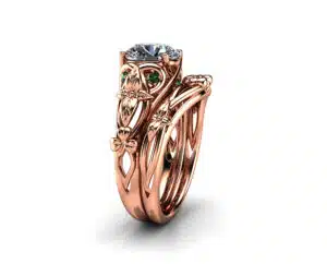 Floral Lab Diamond Ring With Leafy Green Accents And Matching Nature Band