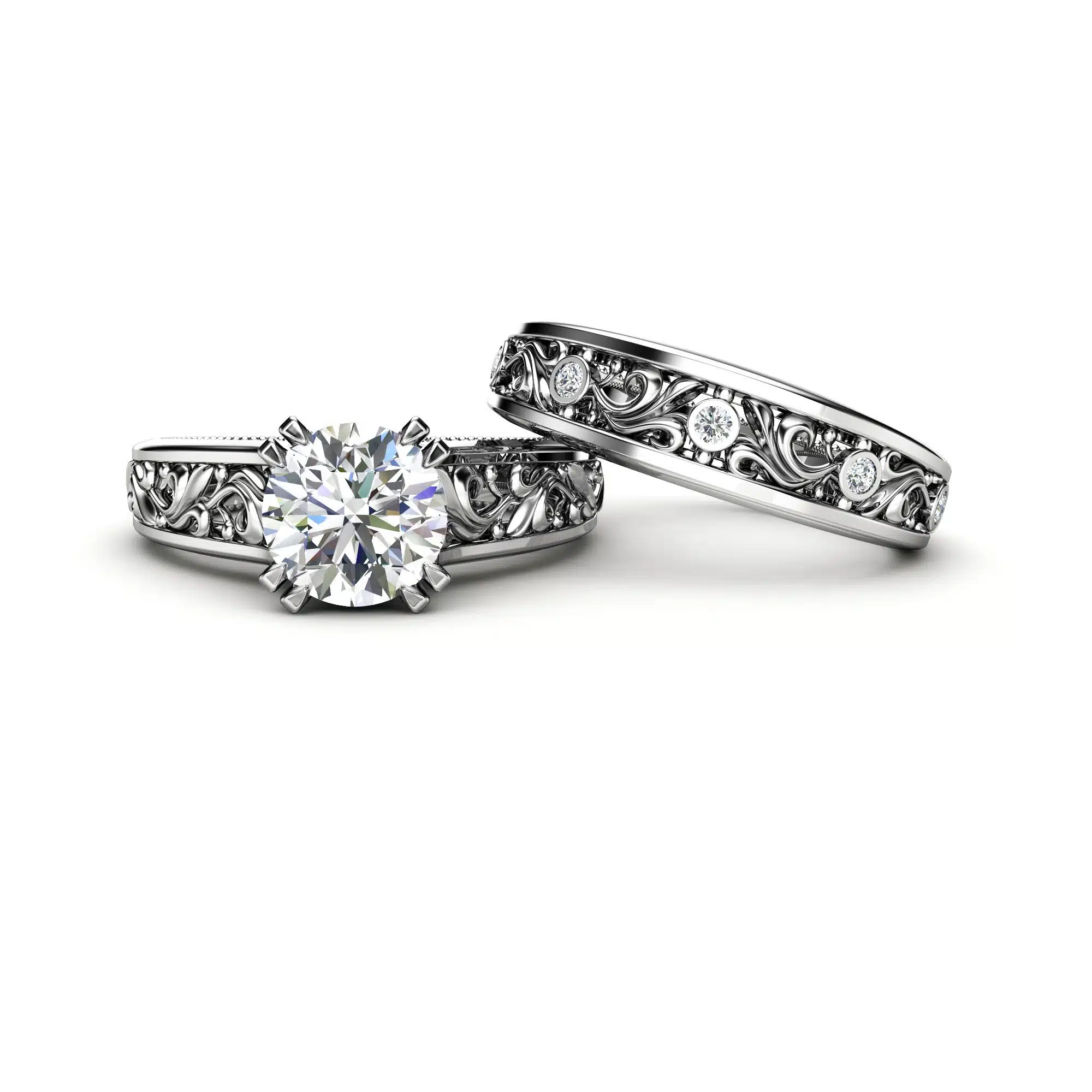Close up of a brilliant round moissanite center stone in a crown-style filigree basket.