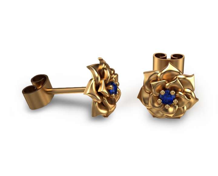 AR-0004UT yellow gold and Sapphire Flower shaped gold earrings with blue sapphire center stones, featuring intricate petal design and stud backings, created by Camellia Jewelry.