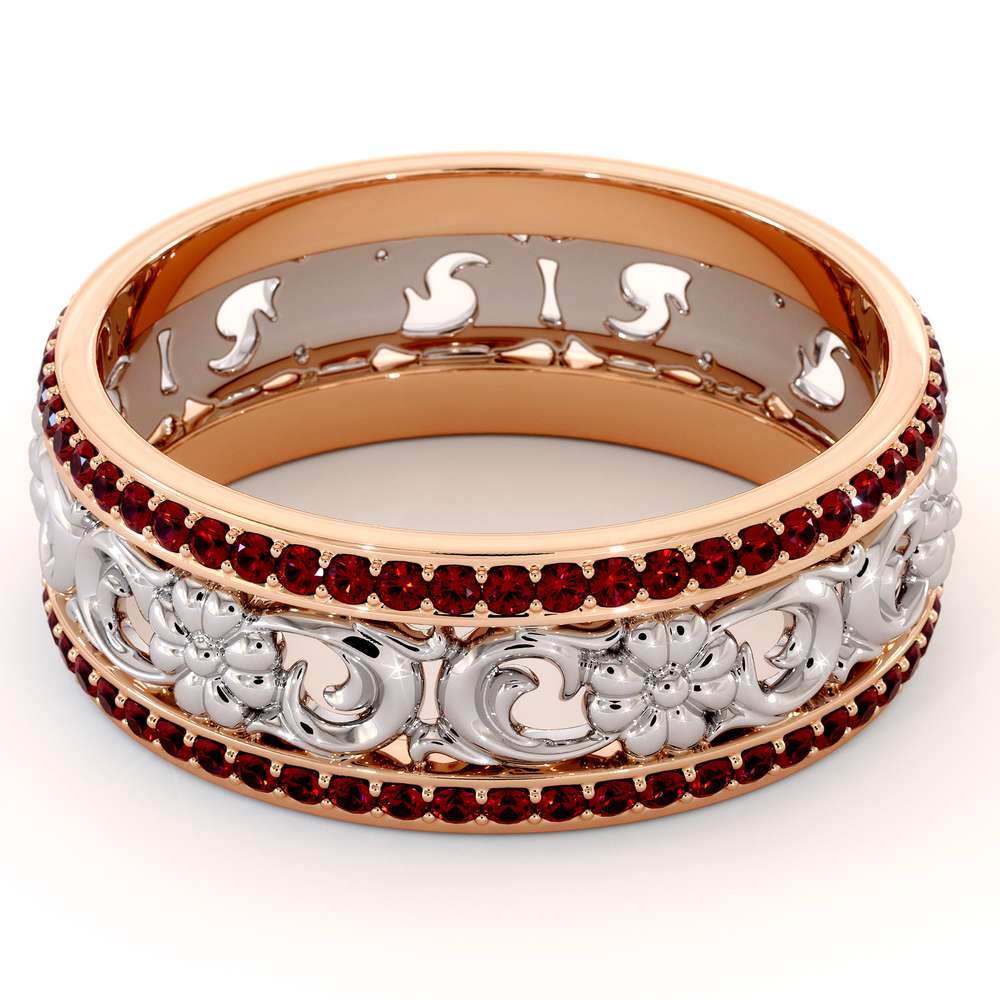 Unique Natural Ruby Wedding Band 14K Two Tone Gold Ring