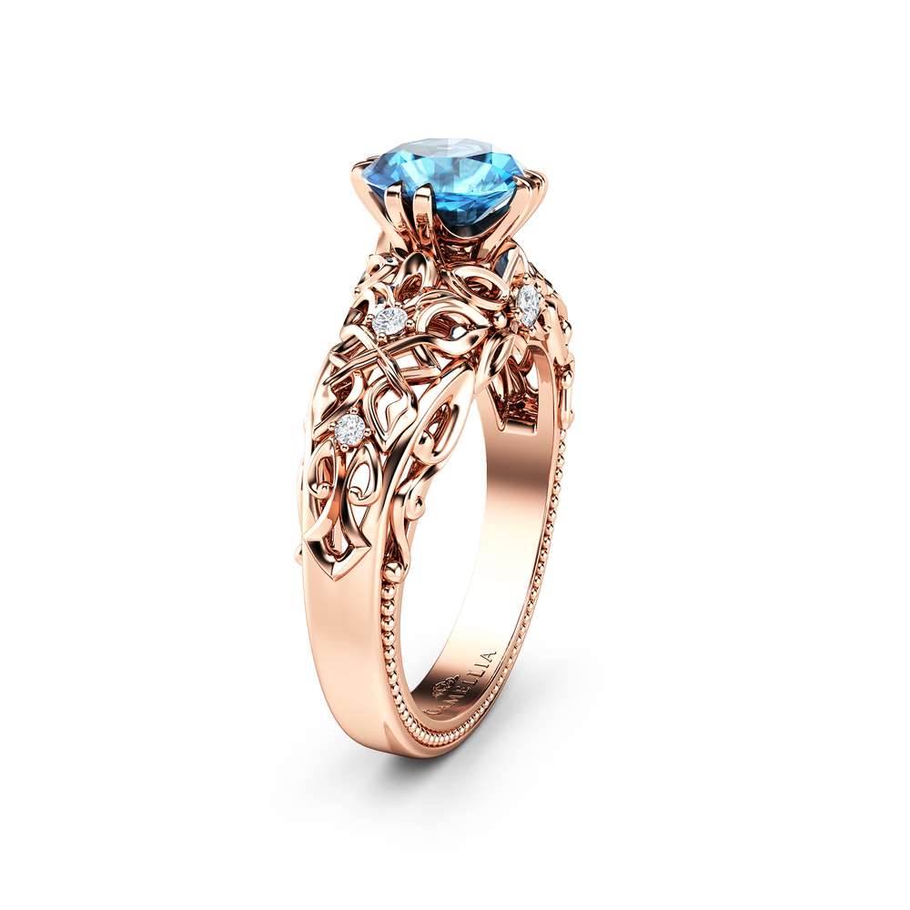Blue Diamond Engagement Ring Diamond Anniversary Ring 14K Rose Gold Diamonds Ring
