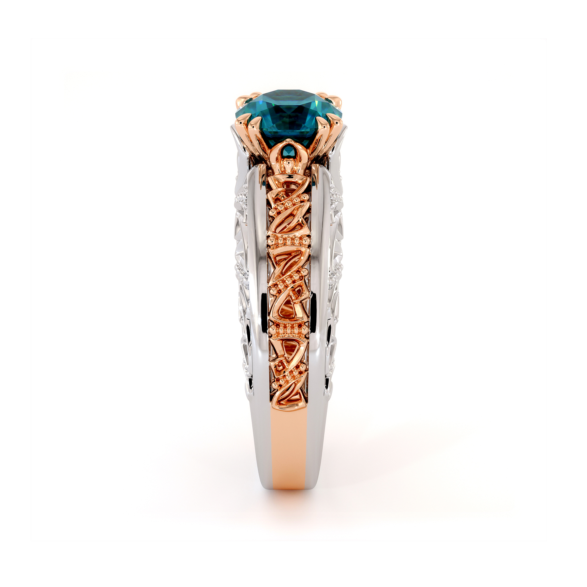 Majestic Round Blue Diamond 2 Tone Gold Handmade Ring