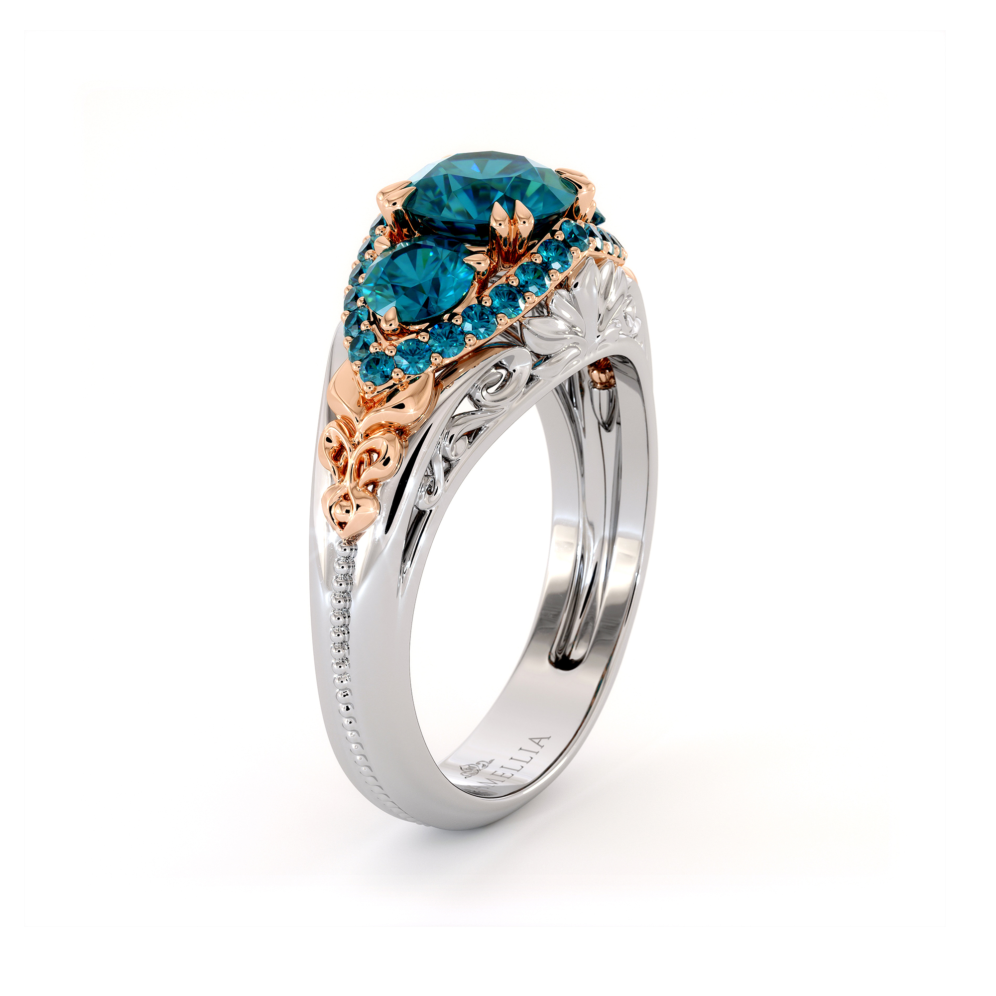 3 Stone Blue Diamond Regal Luxury Gold Engagement Ring