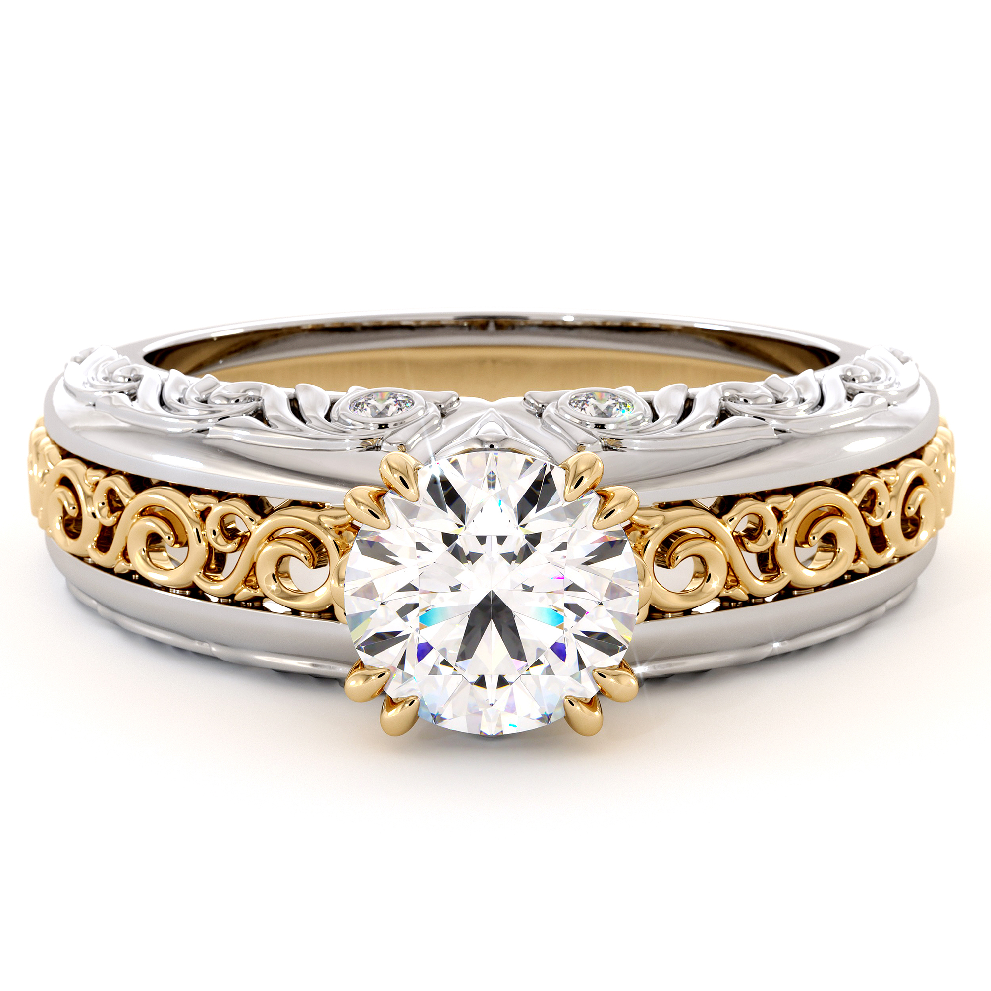 TT-0002C Luxury Two-Tone White and Rose Gold Engagement Ring with Diamonds & Moissanite (2) Close-up of a luxury two-tone gold engagement ring with diamonds and moissanite