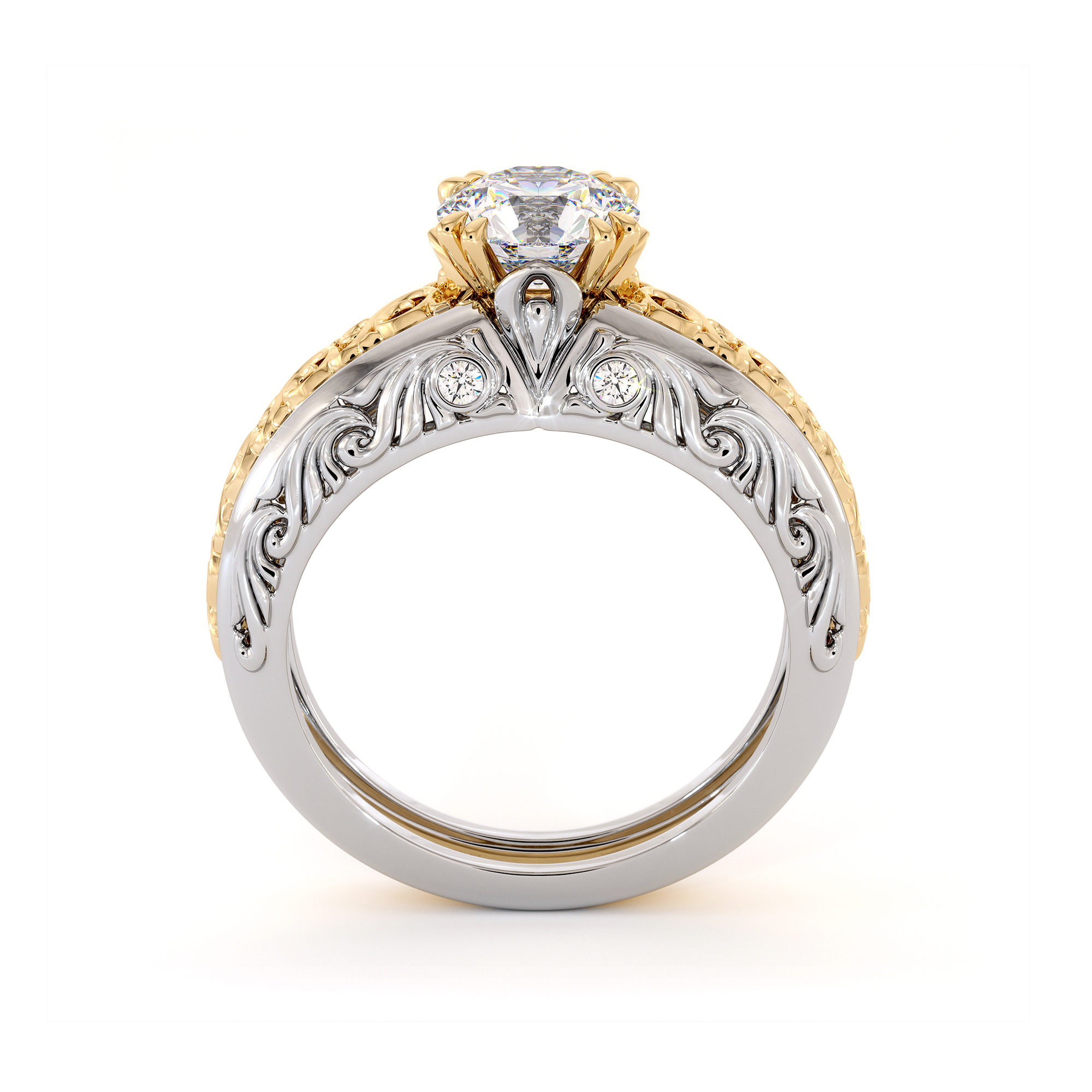 TT-0002C Luxury Two-Tone White and Rose Gold Engagement Ring with Diamonds & Moissanite (4) Side view of luxury two-tone gold engagement ring with diamonds and moissanite