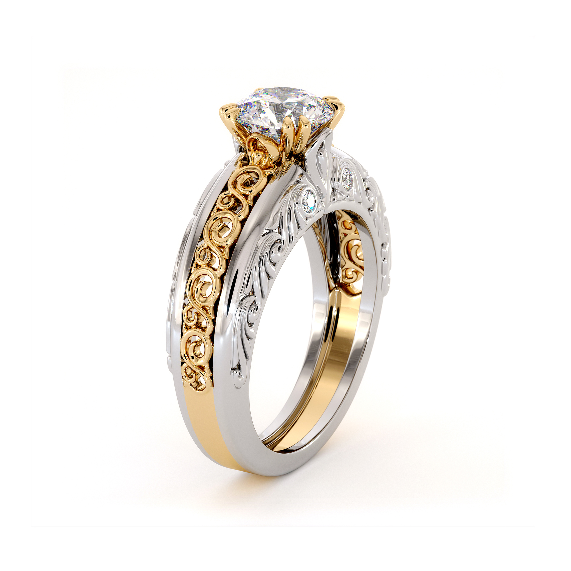 TT-0002C Luxury Two-Tone White and Yellow Gold Engagement Ring with Diamonds & Moissanite (4) Luxury two-tone gold engagement ring with diamonds and moissanite