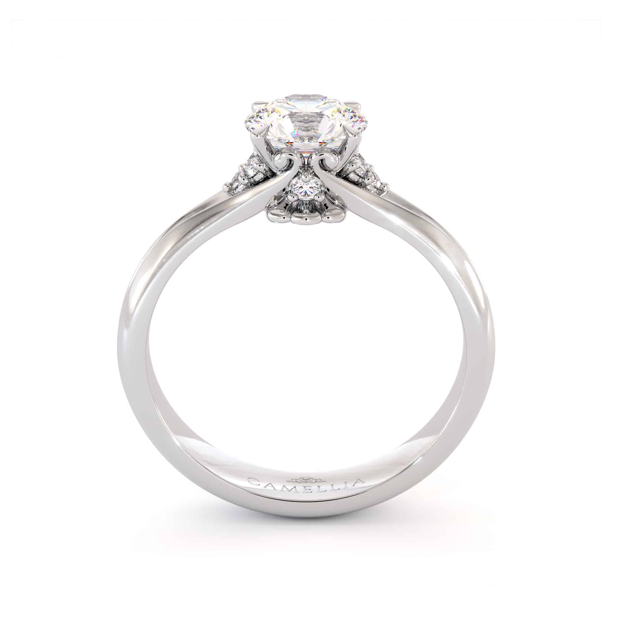 CL-0007A — White Gold, profile through the band Profile through the white gold ring, a heart-shaped cutout visible in the gallery beneath the moissanite