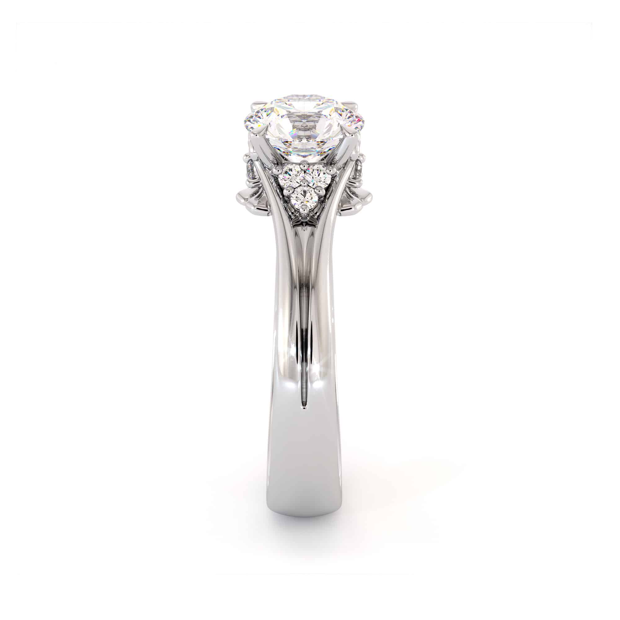 CL-0007A — White Gold, side profile Side profile of the white gold solitaire, a slim tapered shank rising to the six-claw setting