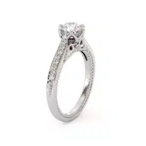 Classic Six-Prong Diamond Ring With Milgrain Filigree And Delicate Side Accents