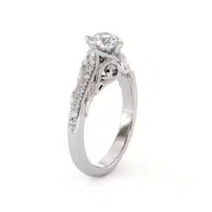 Sculpted Floral Diamond Ring With Scroll Accents And Petite Side Stones
