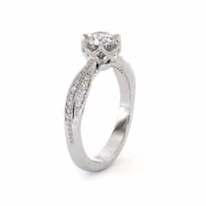 Floral Crown Solitaire Ring With Vintage Scrollwork And Pavé Diamond Band