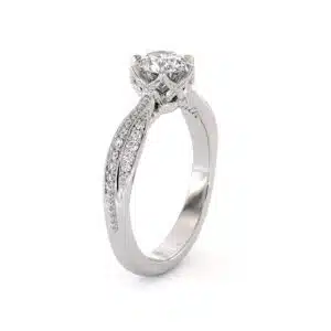 Floral Crown Solitaire Ring With Vintage Scrollwork And Pavé Diamond Band