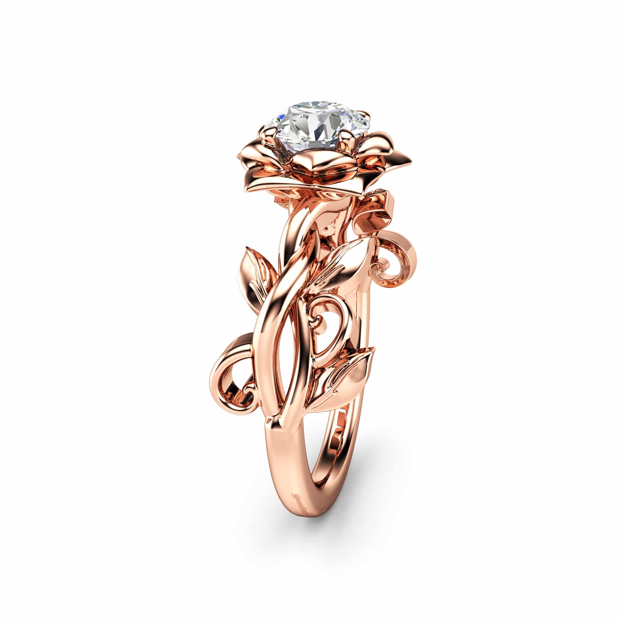 MJ-0001B-LG — Rose Gold, three-quarter view Three-quarter view of the rose gold rose ring, round lab diamond raised over a curling vine shank set with leaves