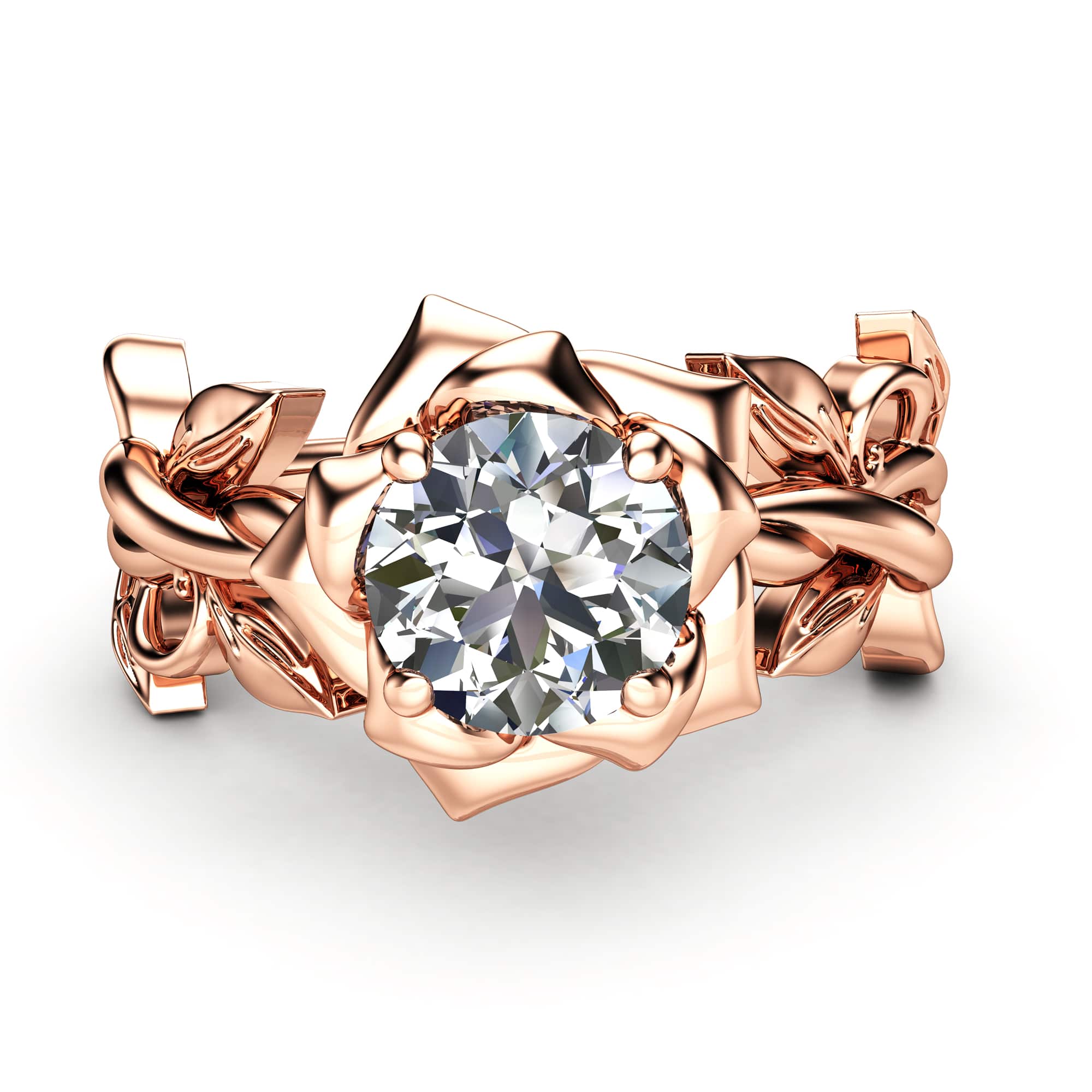 MJ-0001B-LG — Rose Gold, face-up view Rose gold rose solitaire seen face-up, a round lab diamond cradled in sculpted petals with leaf-and-vine shoulders