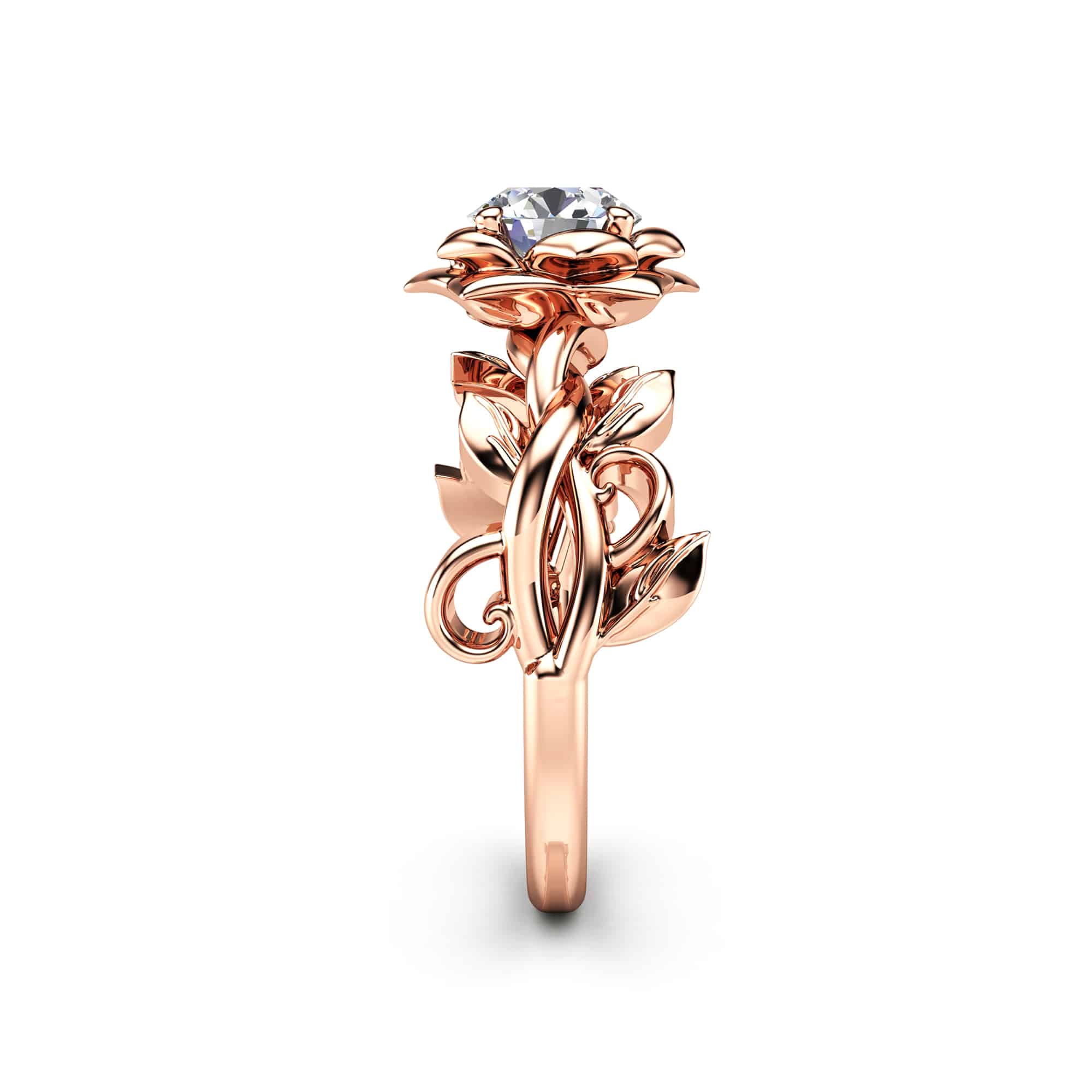 MJ-0001B-LG — Rose Gold, side profile Side profile of the rose gold rose ring, showing the open petal head and scrolling leaf tendrils along the band