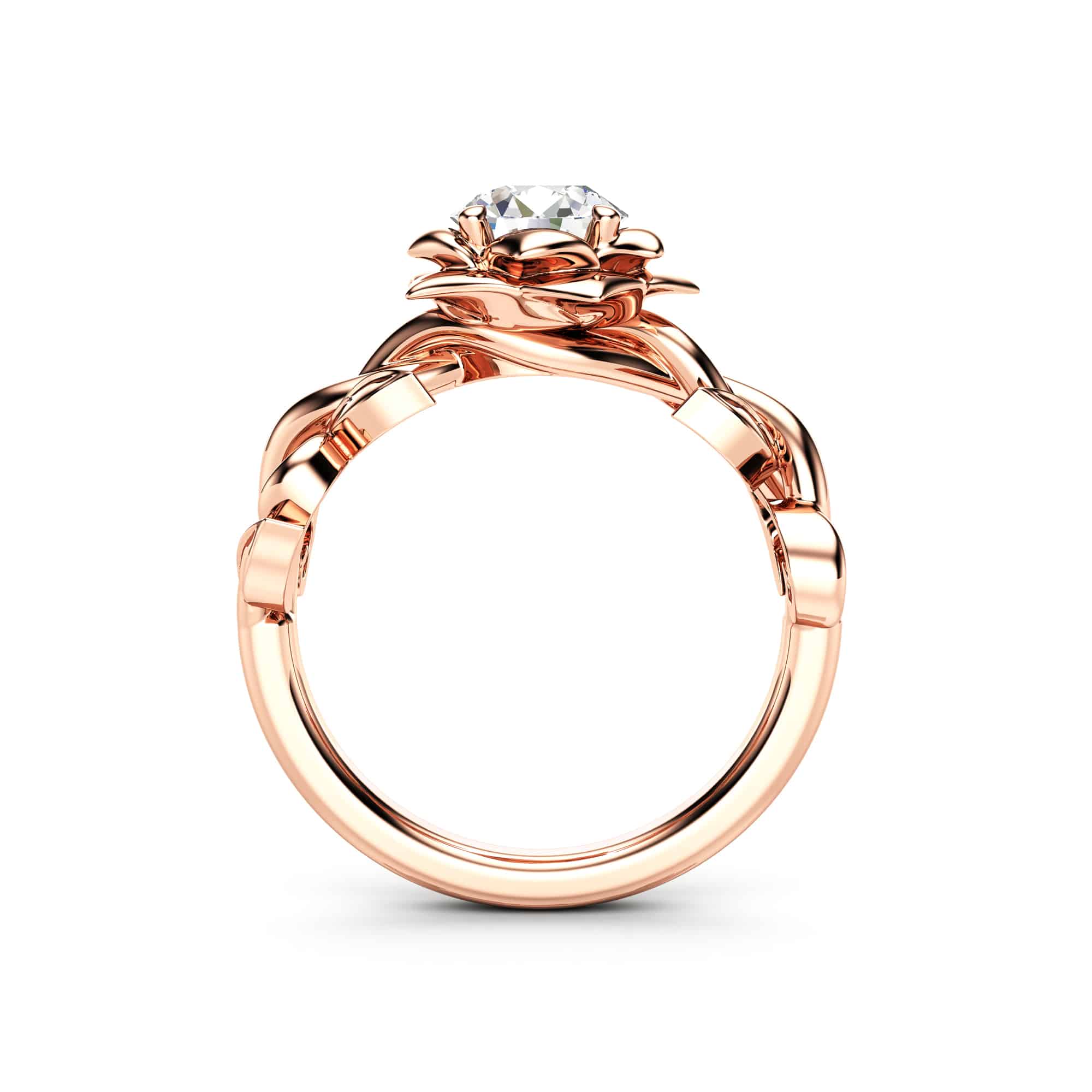 MJ-0001B-LG — Rose Gold, profile through the band Profile through the rose gold rose ring, its twisted vine shank framing the round lab diamond above