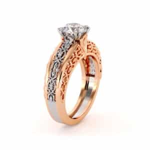Vintage laboratory-grown diamond engagement ring in two-tone gold with intricate filigree design