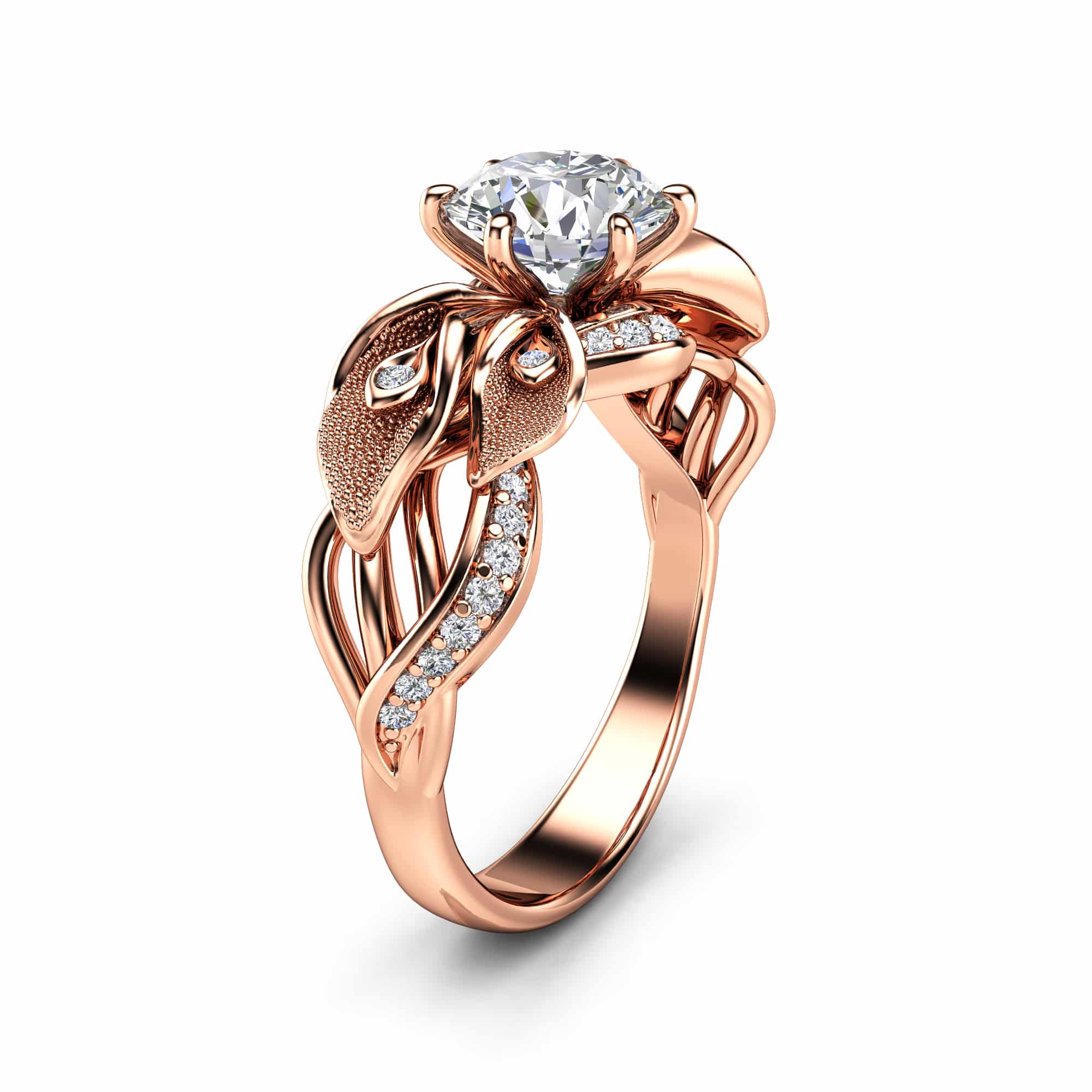 CD-0001A — Rose Gold, three-quarter view Rose gold calla lily engagement ring at three-quarter angle, round moissanite above textured lily blooms and a pave leaf vine