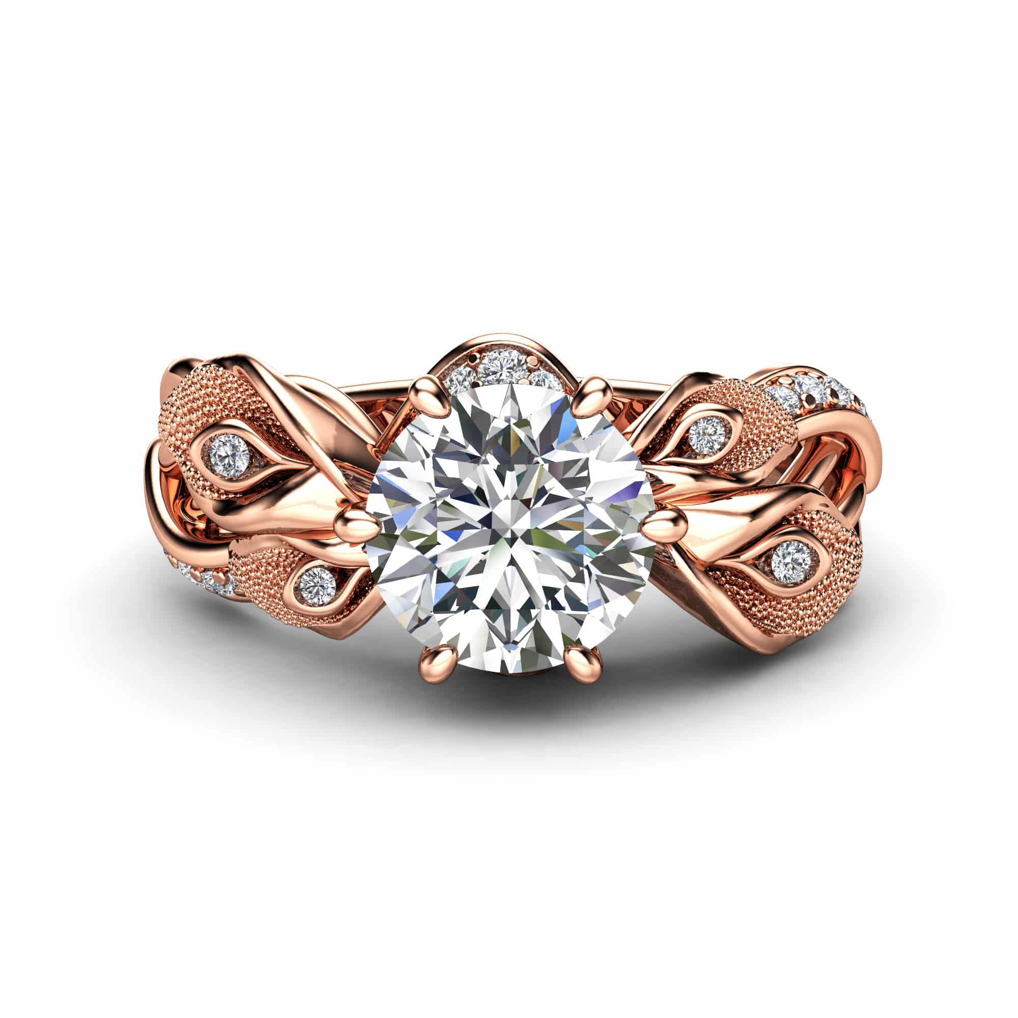 CD-0001A — Rose Gold, face-up view Round moissanite shown face-up in rose gold, framed by sculpted calla lily petals set with small accent diamonds