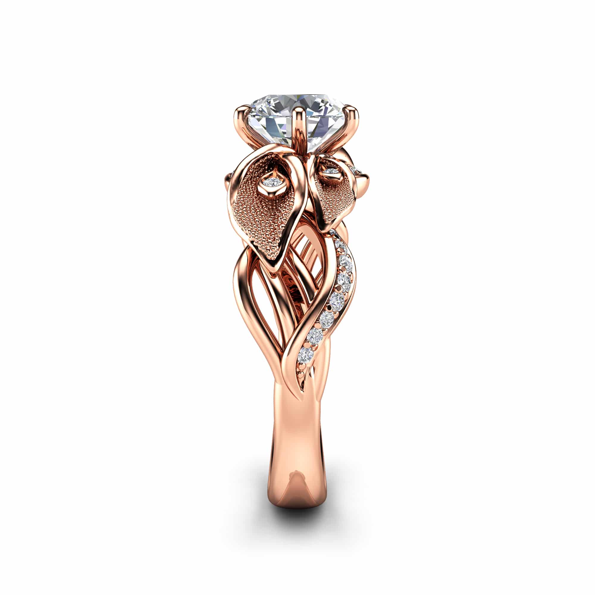 CD-0001A — Rose Gold, side profile Side profile of the rose gold calla lily ring, twin textured blooms curling into an entwined leaf shank