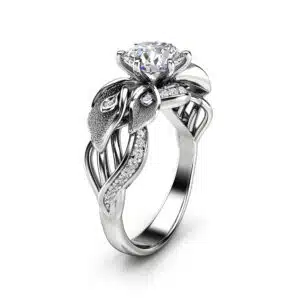 Floral Leaf Moissanite Engagement Ring With Sculpted Pavé Accents