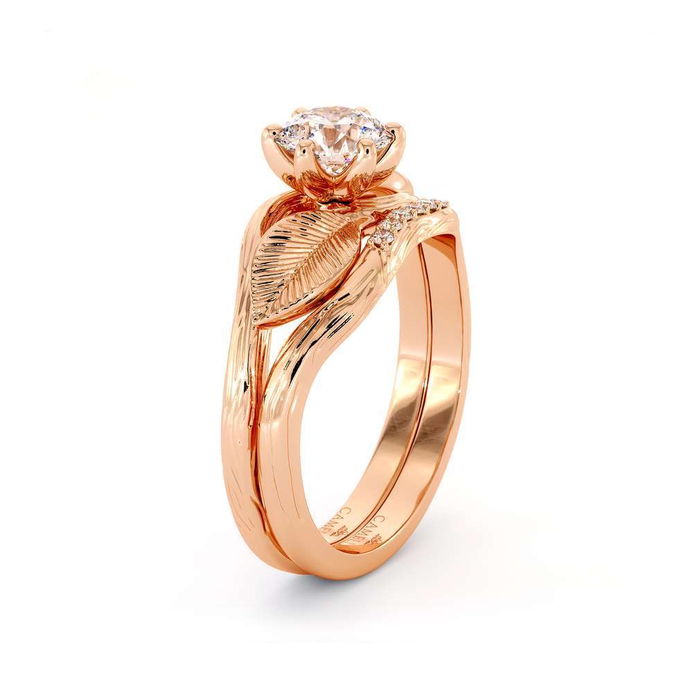 Leaf Engagement Ring Set 14K Rose Gold Ring Unique Moissanite Engagement Ring