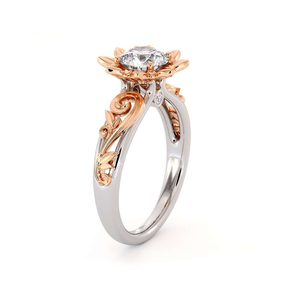 Moissanite Engagement Ring 14K White Gold Ring Unique Flower Leaf Engagement Ring