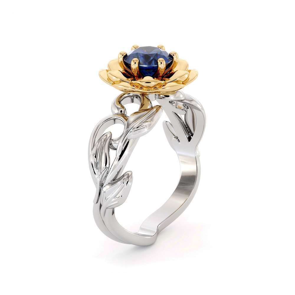 Lotus Flower Engagement RIng Sapphire Engagement Ring 14K White & Yellow Gold Nature Inspired Ring
