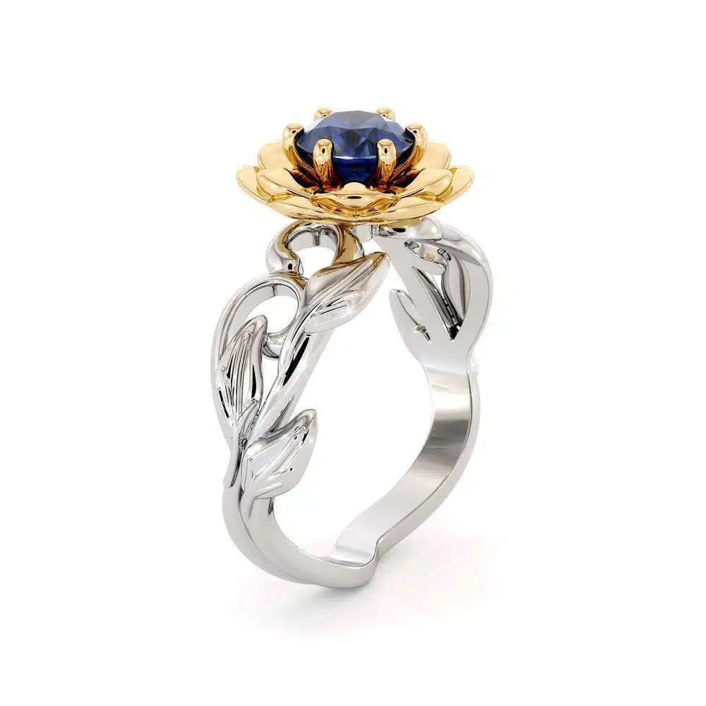 Lotus Flower Engagement RIng Sapphire Engagement Ring 14K White & Yellow Gold Nature Inspired Ring