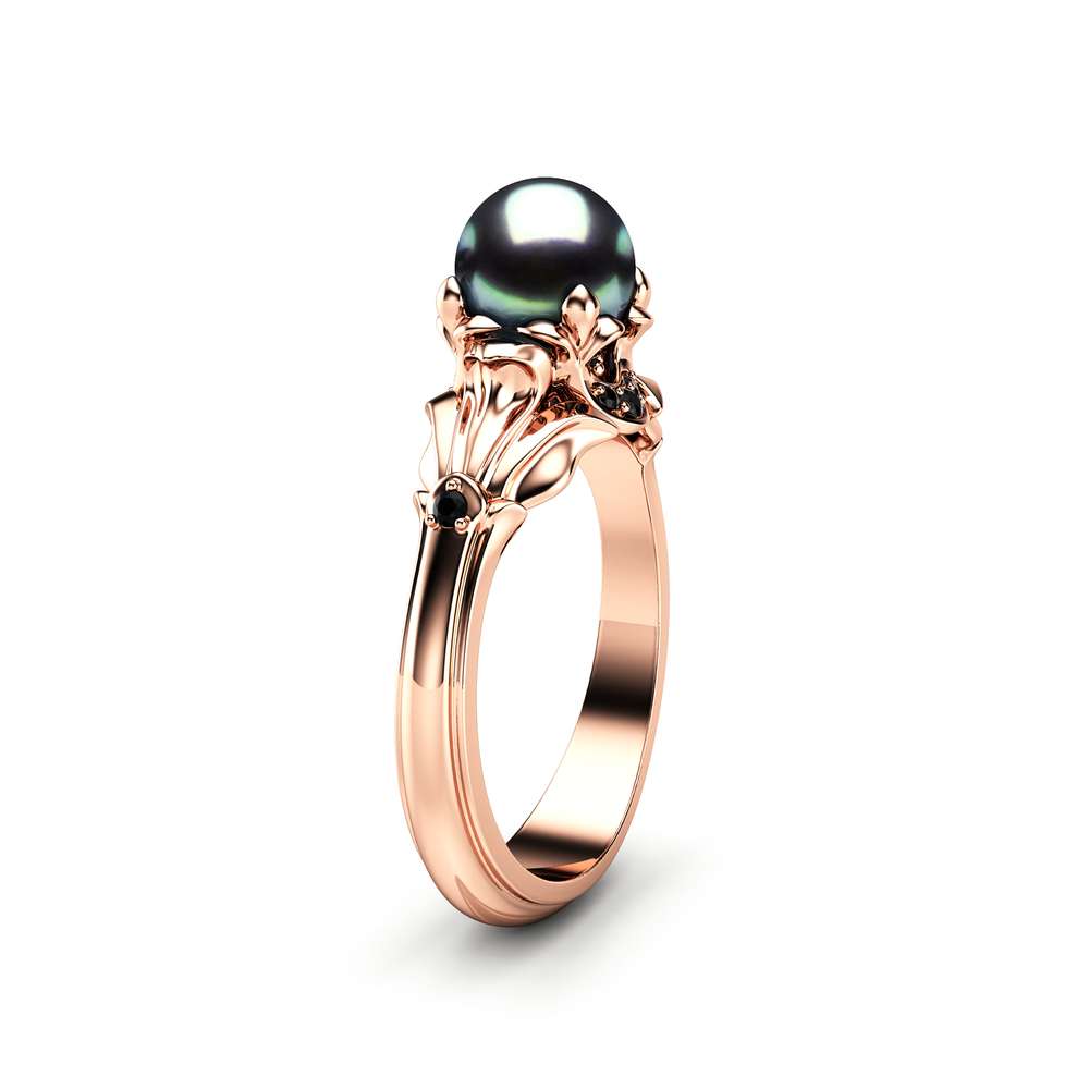 black pearl engagement ring camellia jewelry