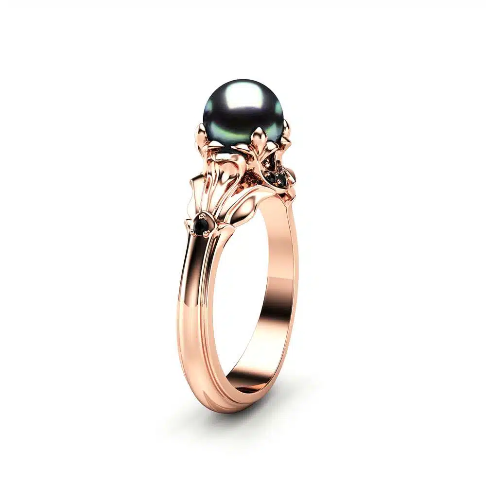 black pearl engagement ring camellia jewelry