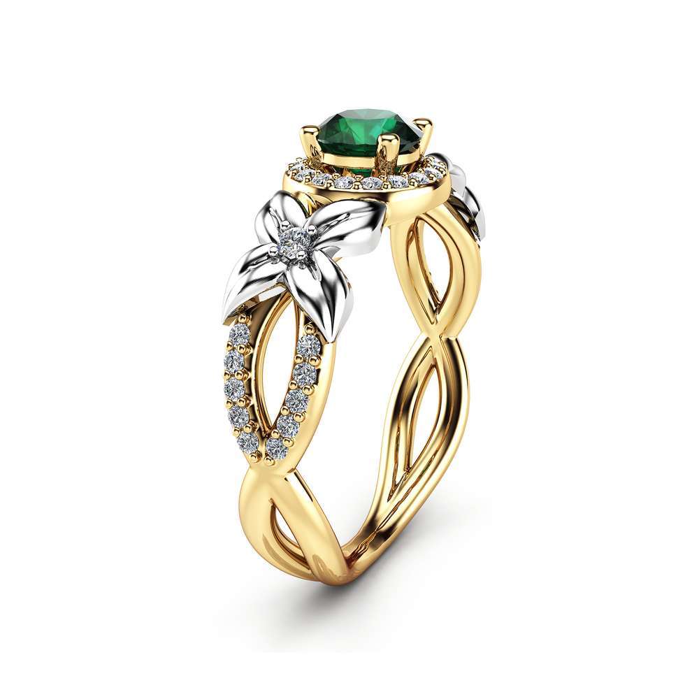 Emerald Halo Engagement Ring 14K Two Tone Gold Halo Ring Floral Natural Emerald Engagement Ring