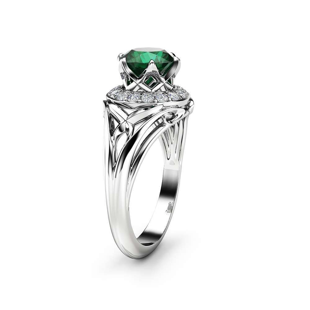 Diamonds Halo Emerald Engagement Ring 14K White Gold Natural Emerald Ring Art Deco Styled Ring