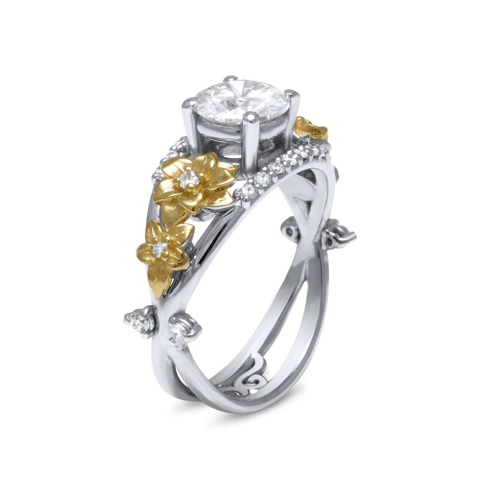 Flower Design Moissanite Engagement Ring 14K 2 Tone Gold Moissanite Ring Diamond Alternative Engagement Ring⁠
