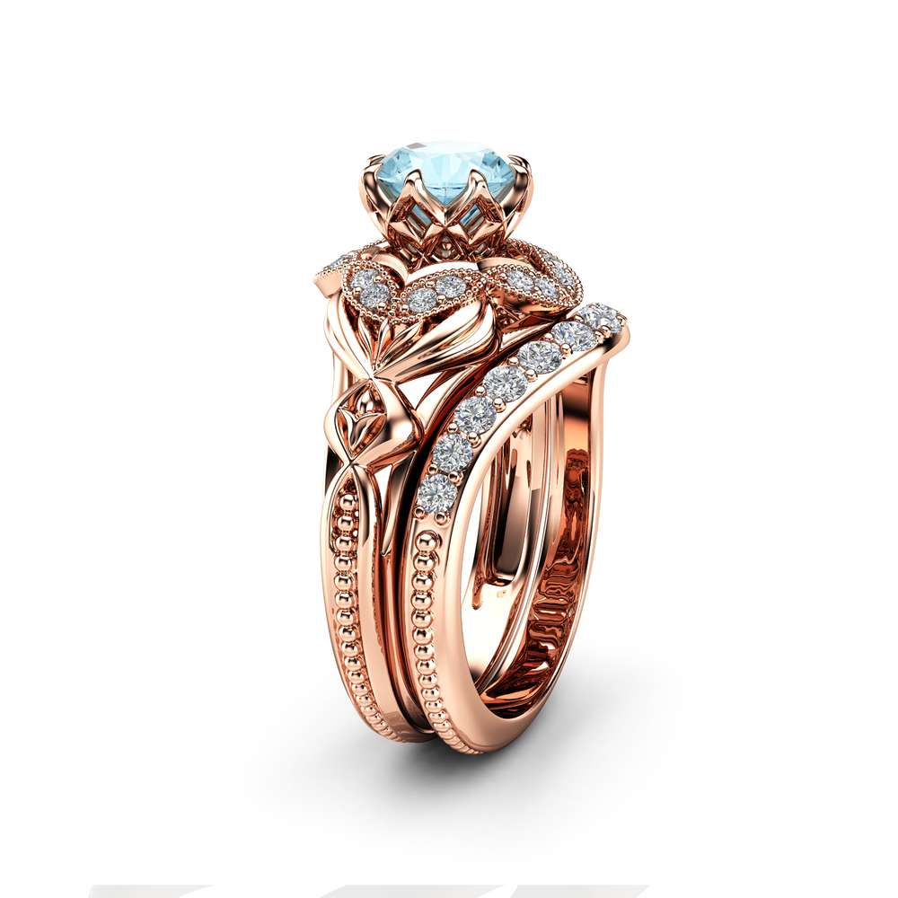 rose gold aquamarine engagement ring set
