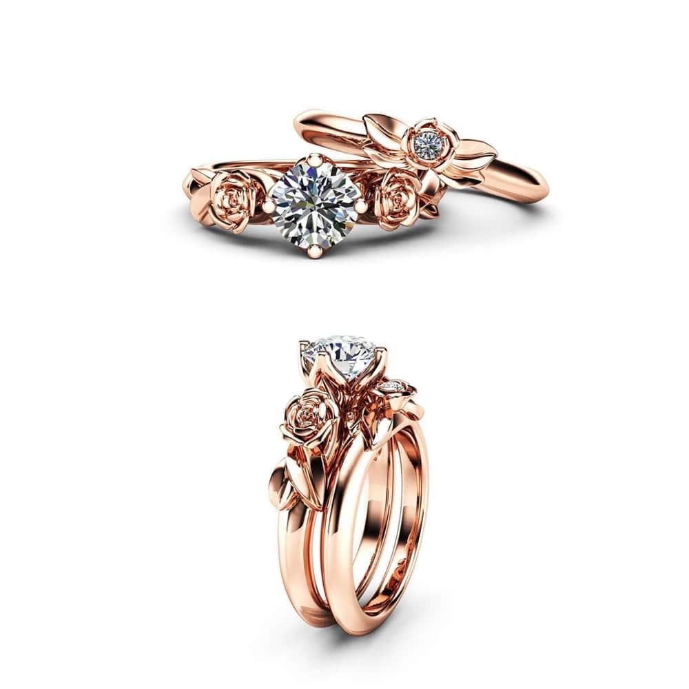 Moissanite Rose Engagement Ring 14K Rose Gold Bridal Set