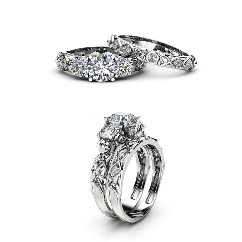 Unique Three Stone Moissanite Bridal Set 14K White Gold Rings 