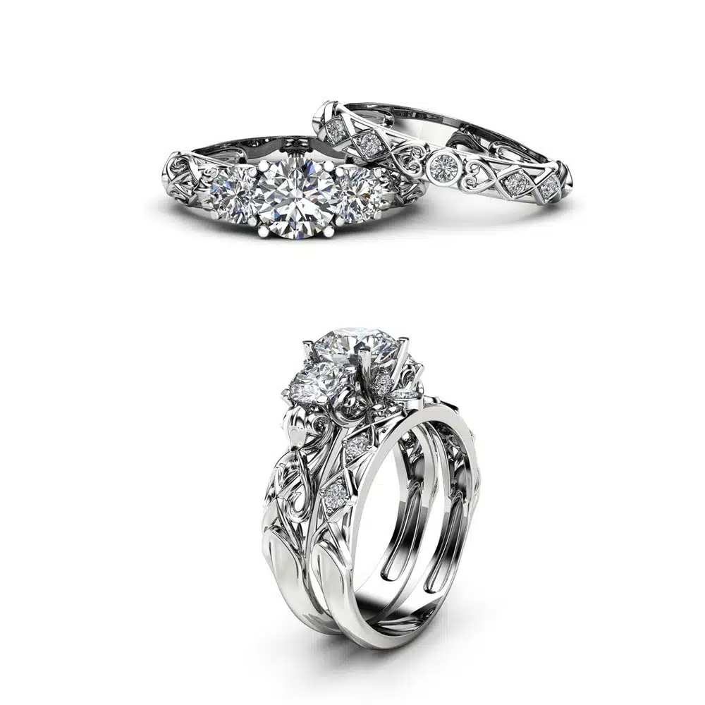 Unique Three Stone Moissanite Bridal Set 14K White Gold Rings