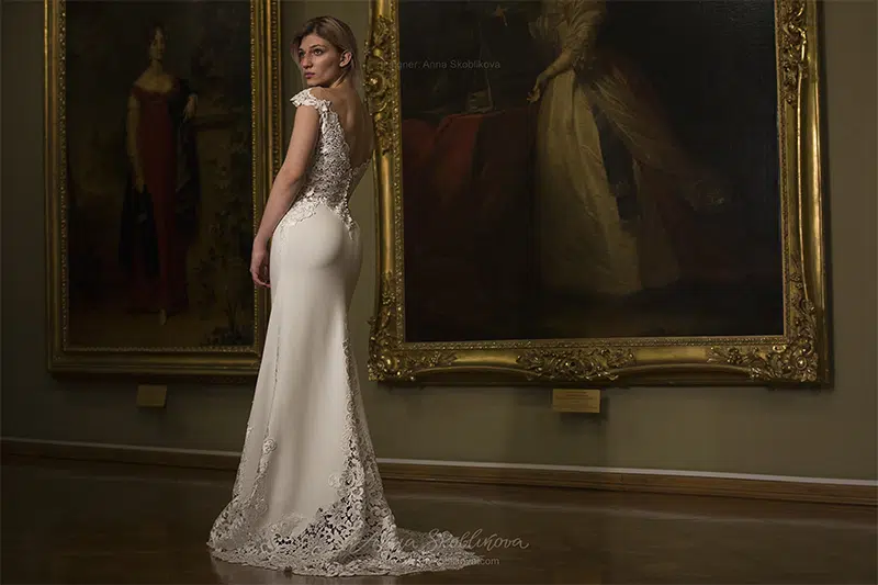 bare back floral wedding dress