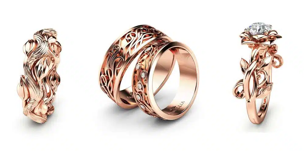 rose gold wedding rings by camellia jewelry