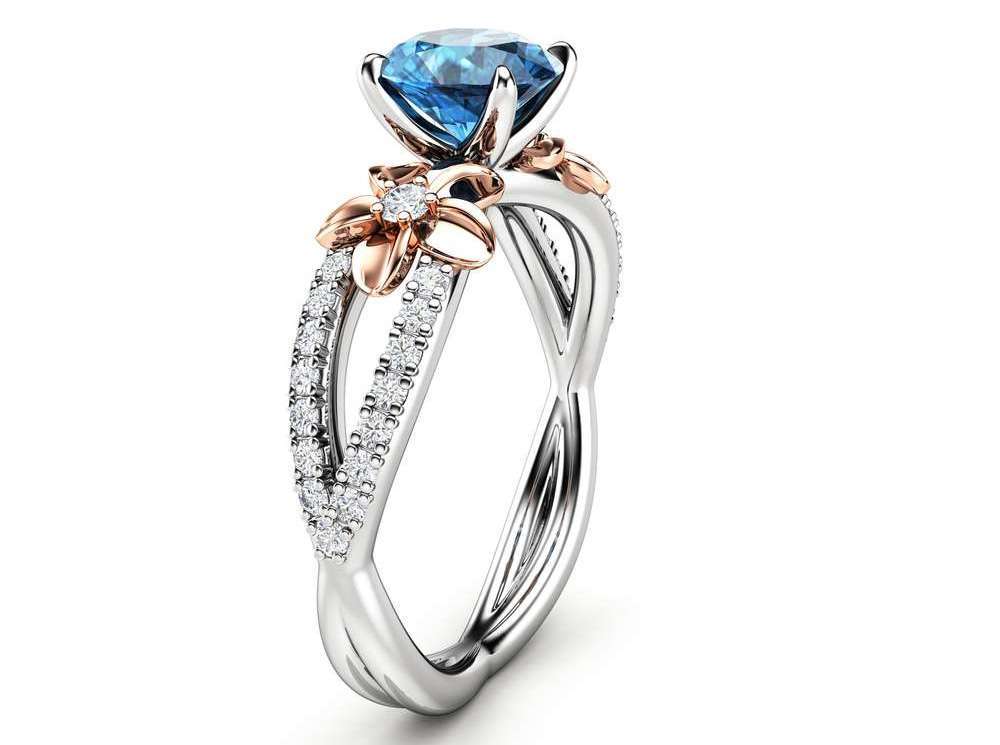 14k White Gold Blue Diamond Engagement Ring 