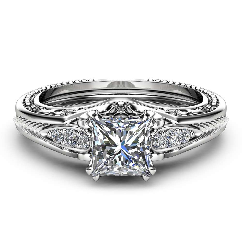 Square Moissanite Victorian Engagement Ring Princess Moissanite Engagement Ring 14K White Gold Victorian Ring