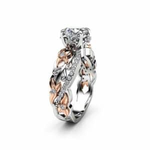 Floral Diamods Engagement Ring 14K Two Tone Gold Handmade Ring Moissanite Floral Ring with Diamonds Gift for Her